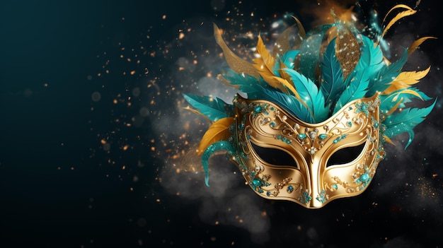 there is a gold mask with feathers on a black background generative ai