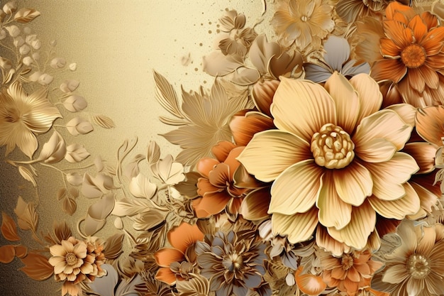 There is a gold and orange flower arrangement on a gold background generative ai