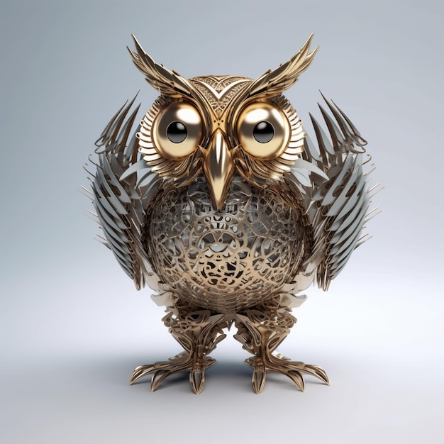 There is a gold owl statue on a white surface generative ai