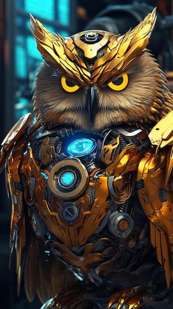 There is a gold owl with a glowing eye and a gold helmet generative ai