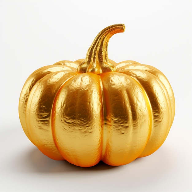 there is a gold pumpkin sitting on a white surface generative ai