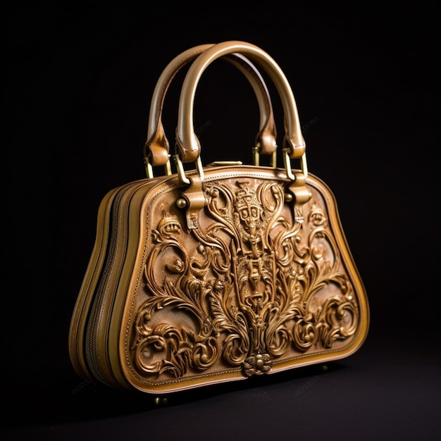 there is a gold purse with a handle on a black background generative ai