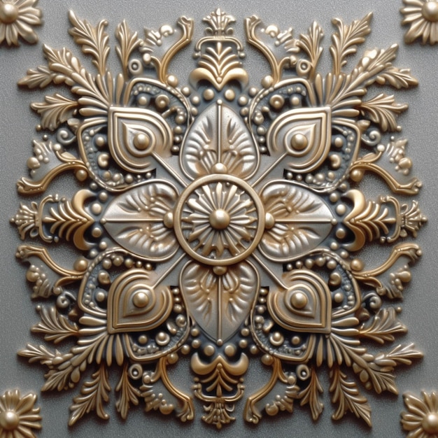 There is a gold and silver decorative design on a wall generative ai