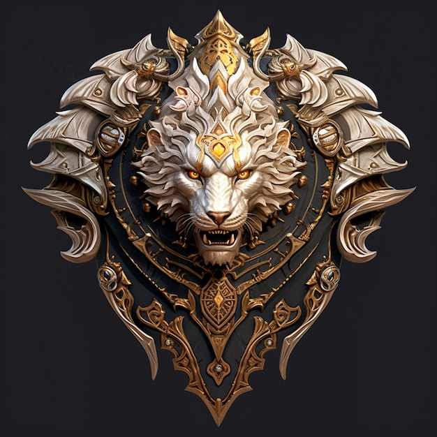 На черном фоне изображена золотая и серебряная голова льва.