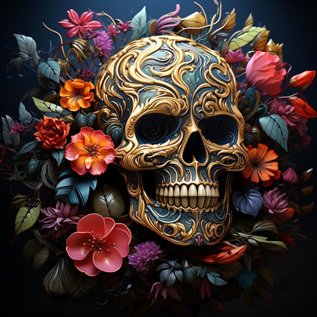 there is a gold skull with flowers and leaves on it generative ai