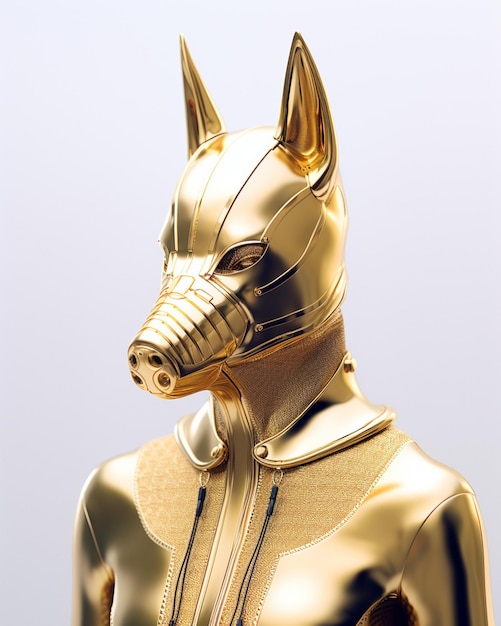 There is a gold statue of a dog wearing a mask generative ai