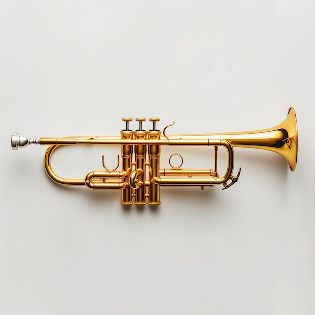 there is a gold trumpet with a black handle on a white surface generative ai