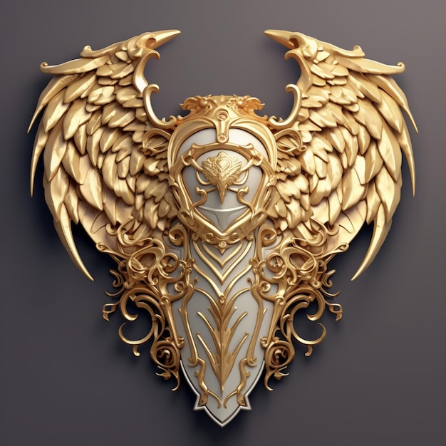 There is a gold and white shield with two wings on it generative ai