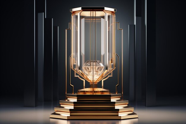 there is a golden clock that is on a pedestal in a room generative ai