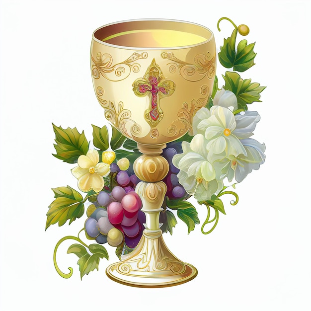 there is a golden cup with grapes and flowers on it generative ai