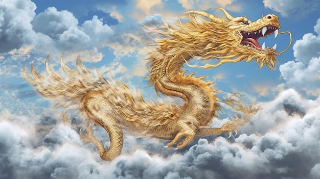 There is a golden dragon flying through the clouds with its mouth open generative ai