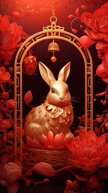 There is a golden rabbit sitting in a basket with flowers generative ai