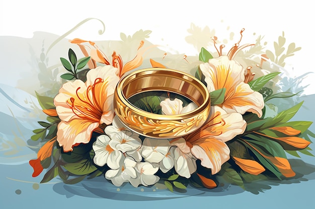 there is a golden ring on a bouquet of flowers generative ai