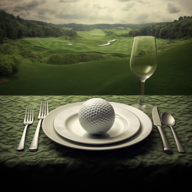 There is a golf ball on a plate with a glass of wine generative ai