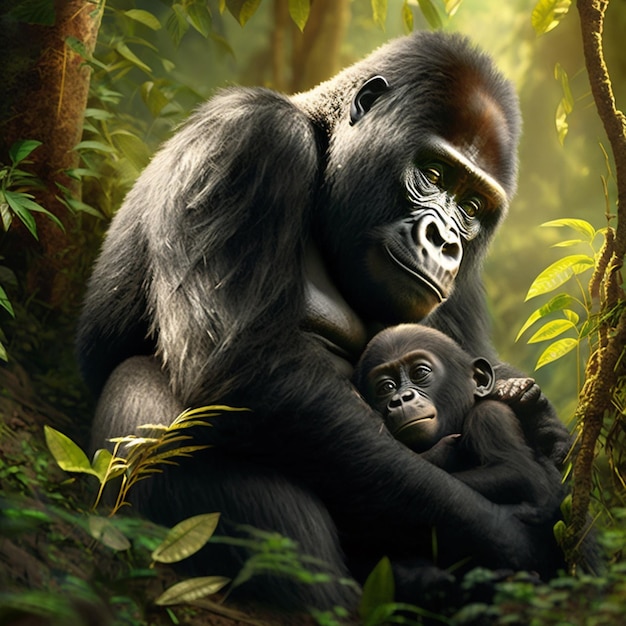 there is a gorilla holding a baby in the jungle generative ai