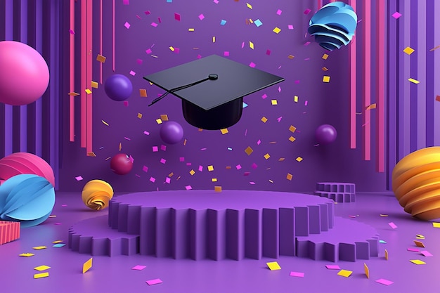 Foto c'è un tappo di laurea su un palco circondato da palloncini generativi ai