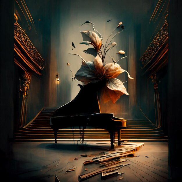 Foto c'è un pianoforte a coda con un fiore in cima.