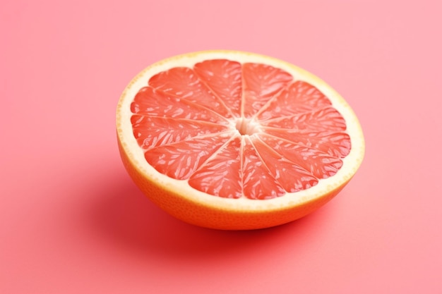 there is a grapefruit cut in half on a pink surface generative ai