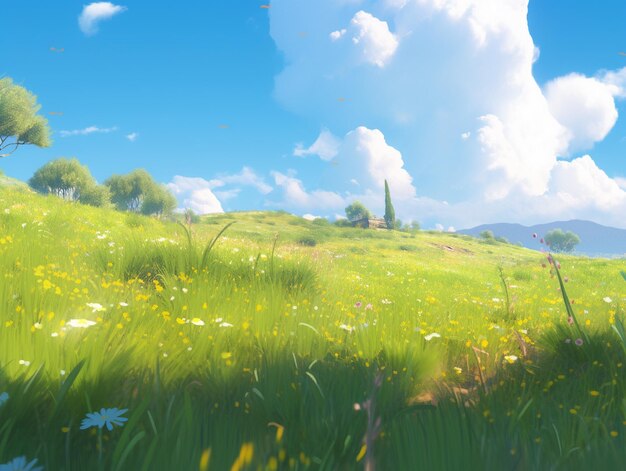 there is a grassy field with flowers and trees on a sunny day generative ai