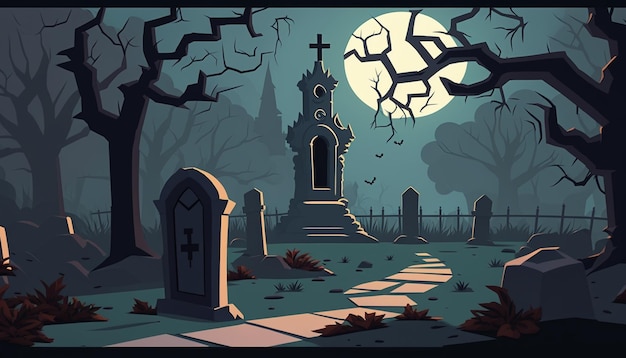 There is a graveyard with a cemetery and a cemetery cross in the background generative ai