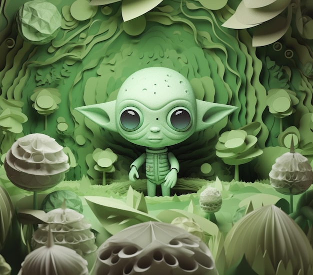 there is a green alien with big eyes in a forest generative ai