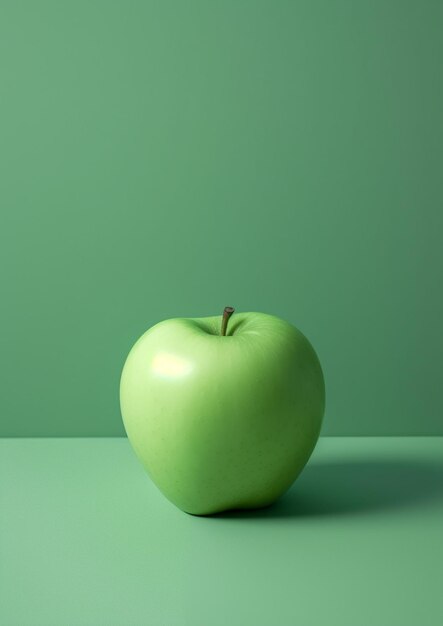 There is a green apple sitting on a table with a green background generative ai
