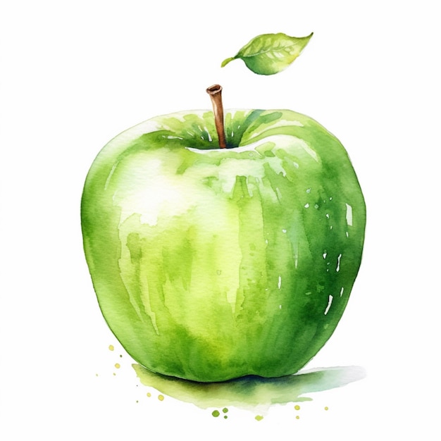 There is a green apple with a leaf on it generative ai