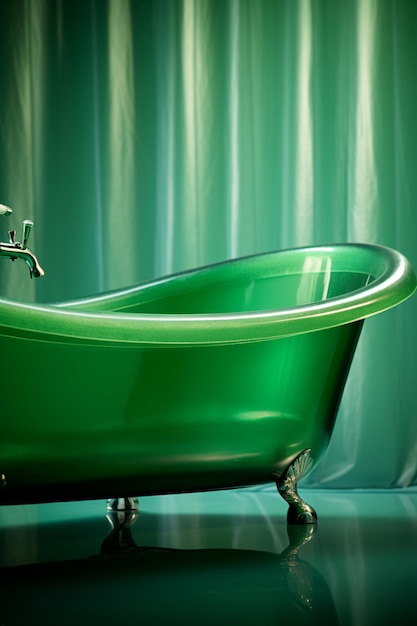 there is a green bathtub with a chrome faucet and a chrome faucet generative ai