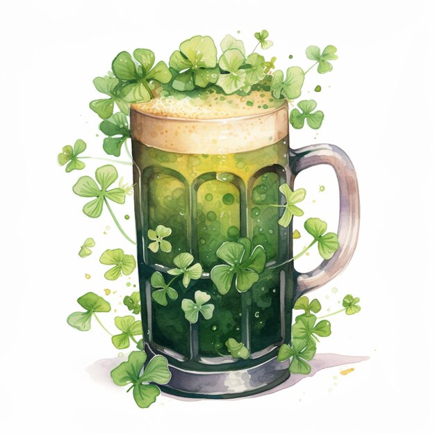 Photo there is a green beer with shamrock leaves in it generative ai