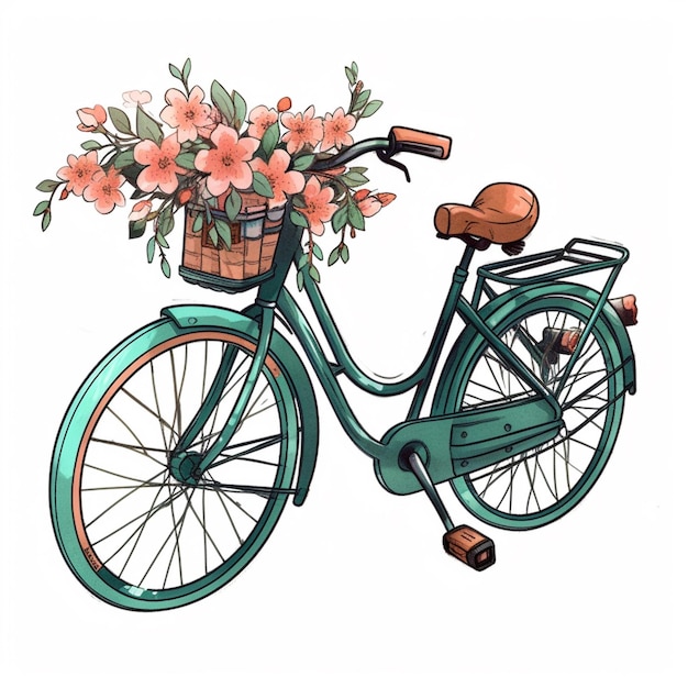 There is a green bicycle with a basket of flowers on the front generative ai