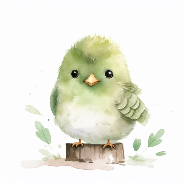 there is a green bird sitting on a tree stump generative ai