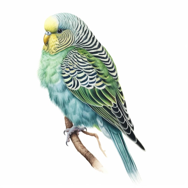 There is a green and blue bird sitting on a branch generative ai