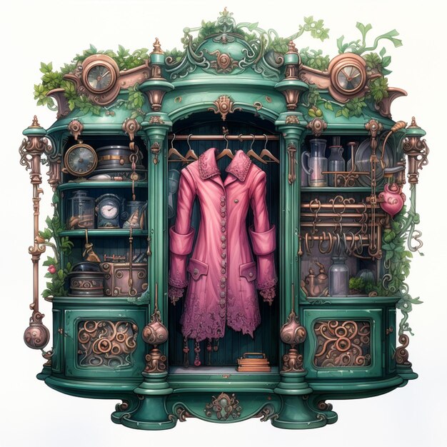 there is a green cabinet with a pink coat on it generative ai