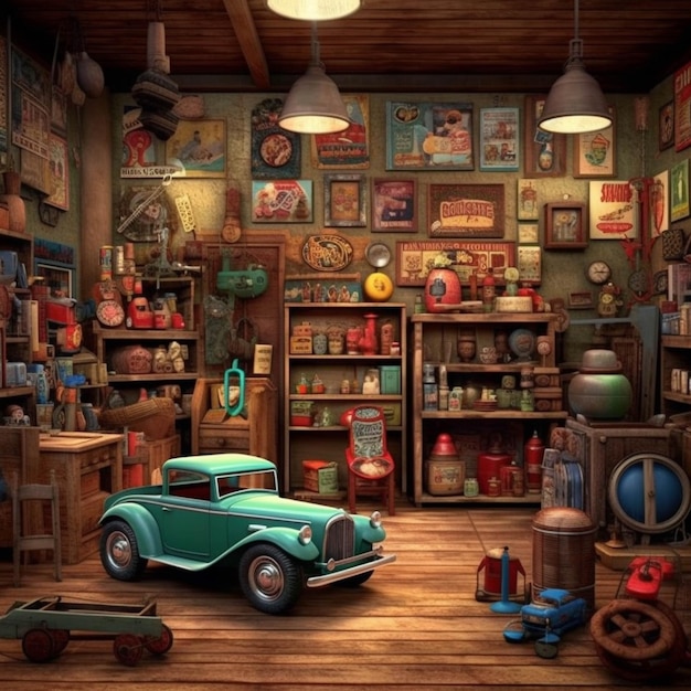 There is a green car in a room with many items generative ai