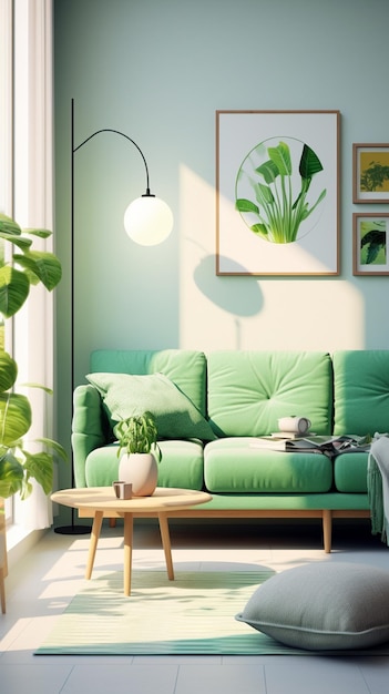 there is a green couch and a table in a room generative ai