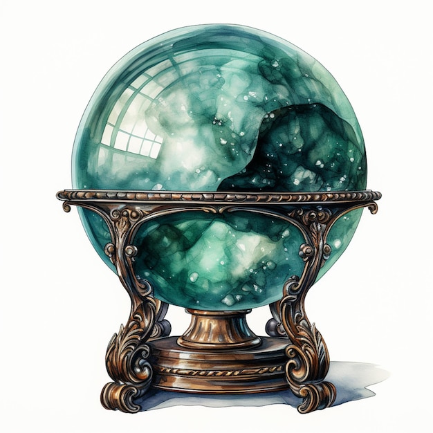 There is a green crystal ball on a stand with a window generative ai