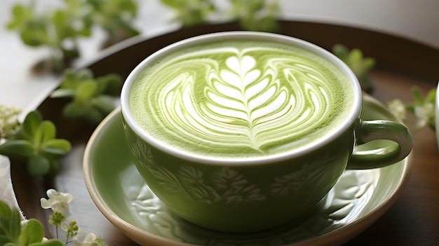 there is a green cup of coffee with a leaf pattern on it Generative AI