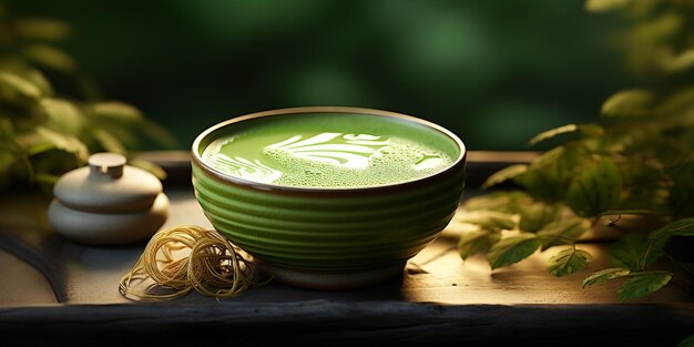 テーブルの上に緑茶のカップがある