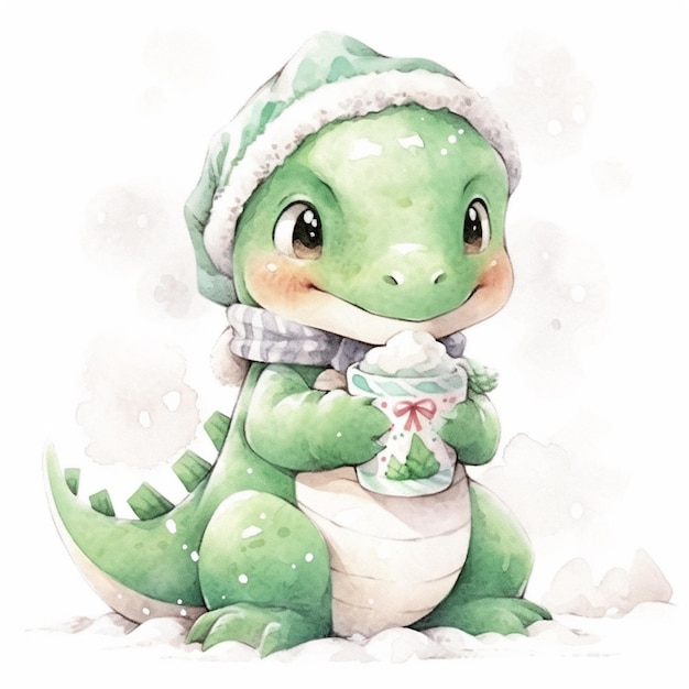 there is a green dinosaur with a hat and scarf holding a cup generative ai