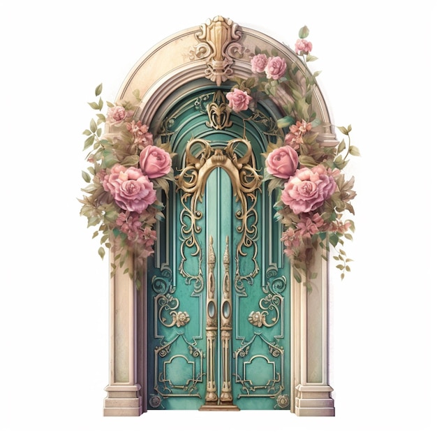 There is a green door with pink flowers on it generative ai