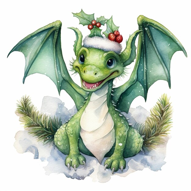 Foto c'è un drago verde con un cappello di babbo natale seduto nella neve generativo ai