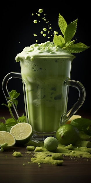 На столе зеленый напиток с лаймом и листьями мяты.