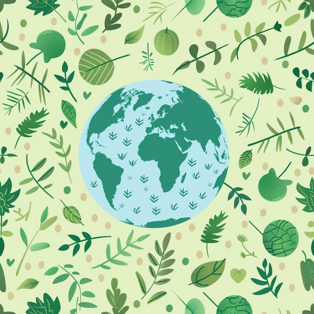 there is a green earth surrounded by green leaves and dots generative ai