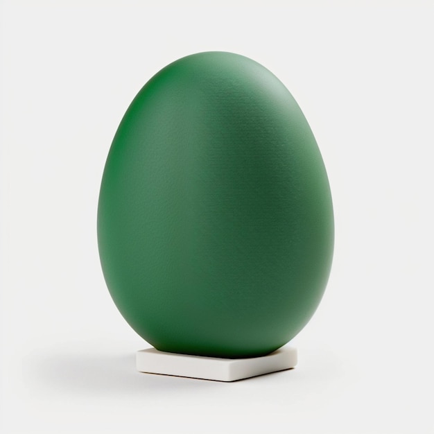 There is a green egg sitting on a white stand generative ai