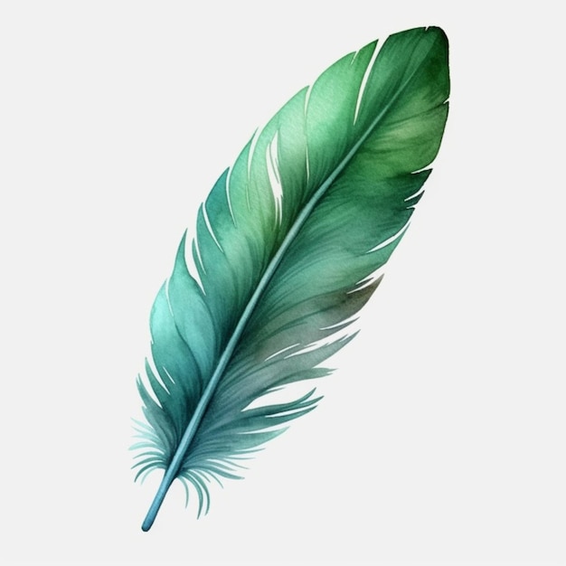 There is a green feather that is sitting on a white surface generative ai