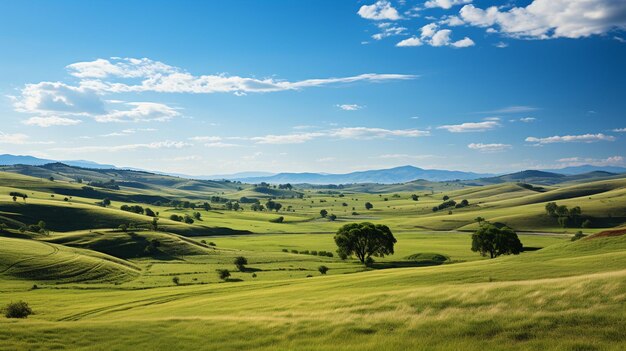 Foto c'è un campo verde con alcuni alberi in esso generativo ai