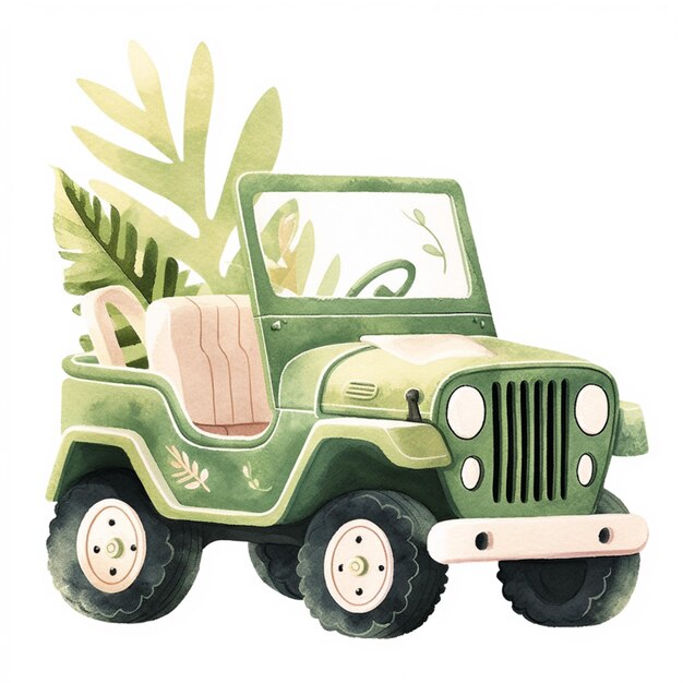 Photo there is a green jeep with a plant in the back generative ai