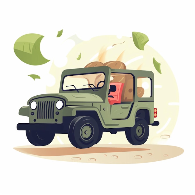 Foto c'e' una jeep verde con un sedile rosso e una borsa marrone sul retro.