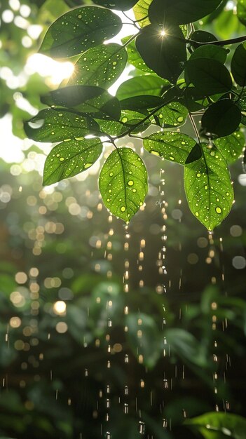 緑の葉に 水滴がぶら下がっている