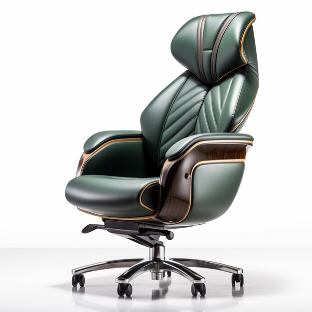 검은색 좌석과 갈색 베이스 생성 Ai와 함께 녹색 가죽 의자가 있습니다.